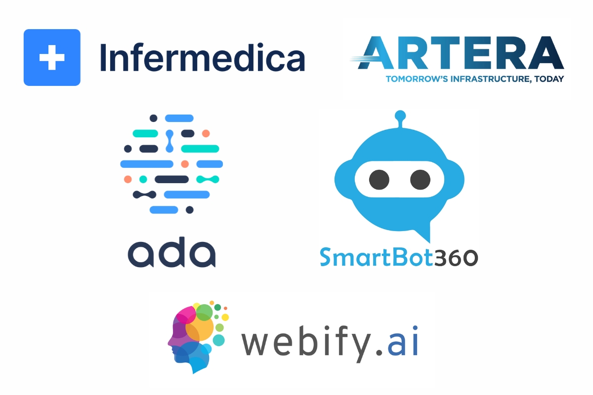 AI Chatbot and agents, image of five logos: Interfmedica, Artera, Ada, SmartBot360 and Webify.ai.