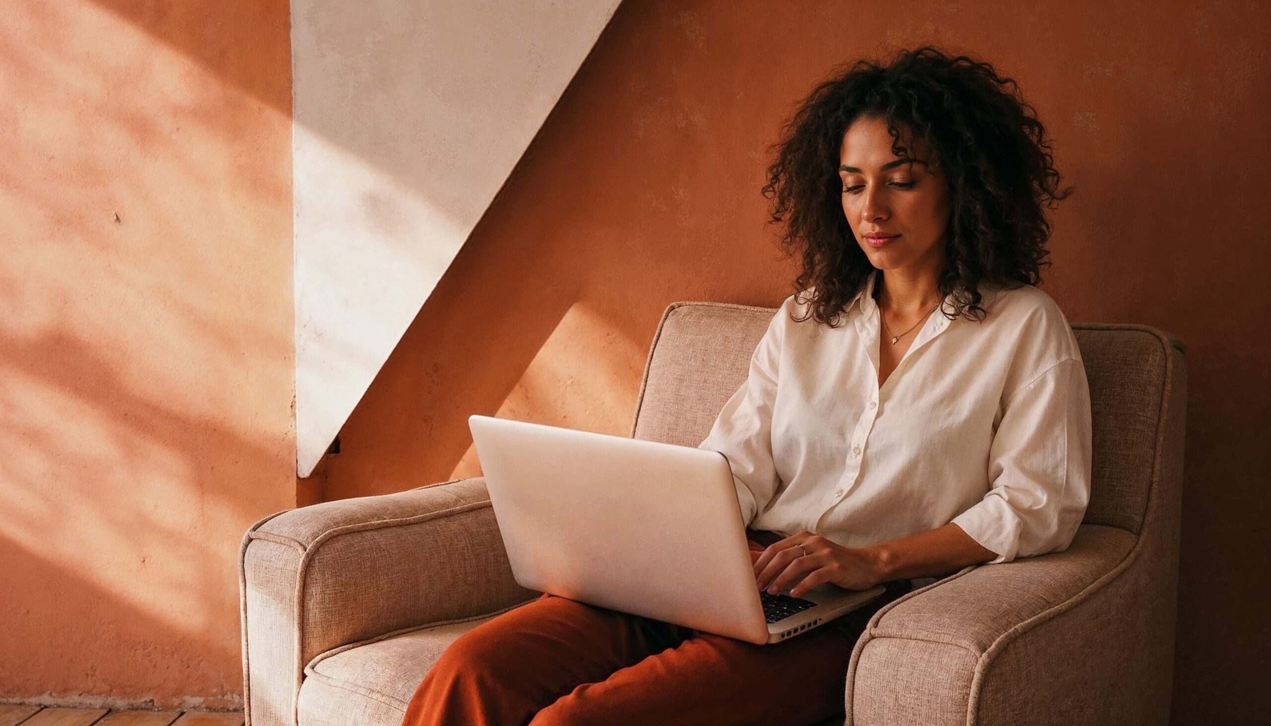 Three Things Your Clinic Can Do Right Now to Boost SEO, image of a woman with dark curly hair wearing a white button-down blouse and red orange pants sits in a cushioned armchair using her laptop.