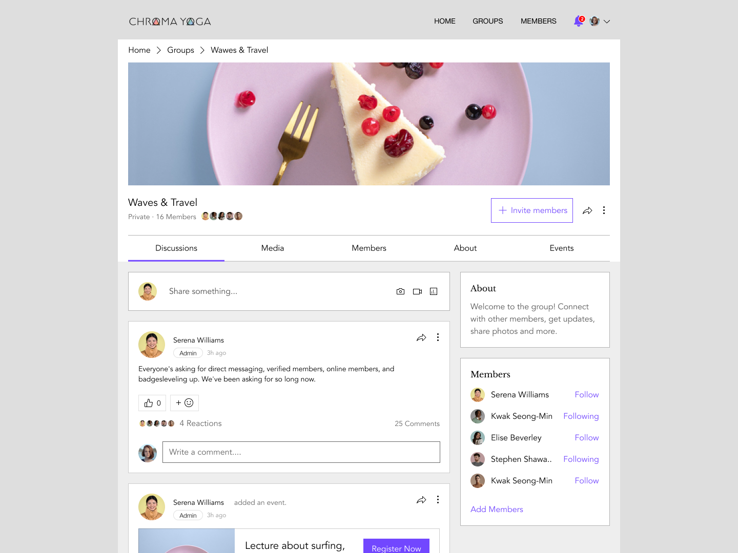 Wix Groups, image of the Wix Groups platform homepage for Chroma Yoga with an image of a slice of cake in the header.