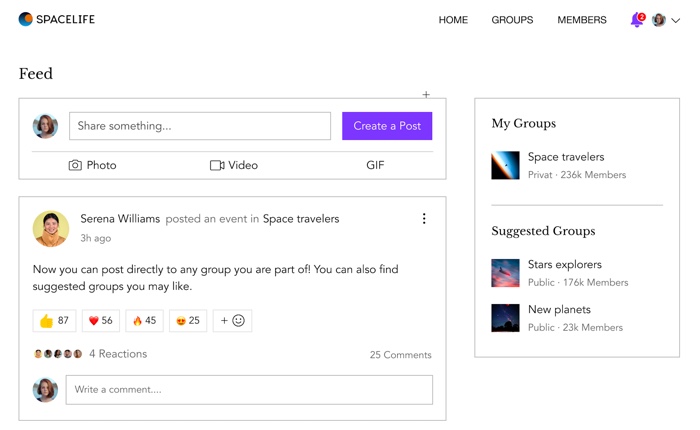 Wix Groups, image of Wix Group feed for Spacelife.