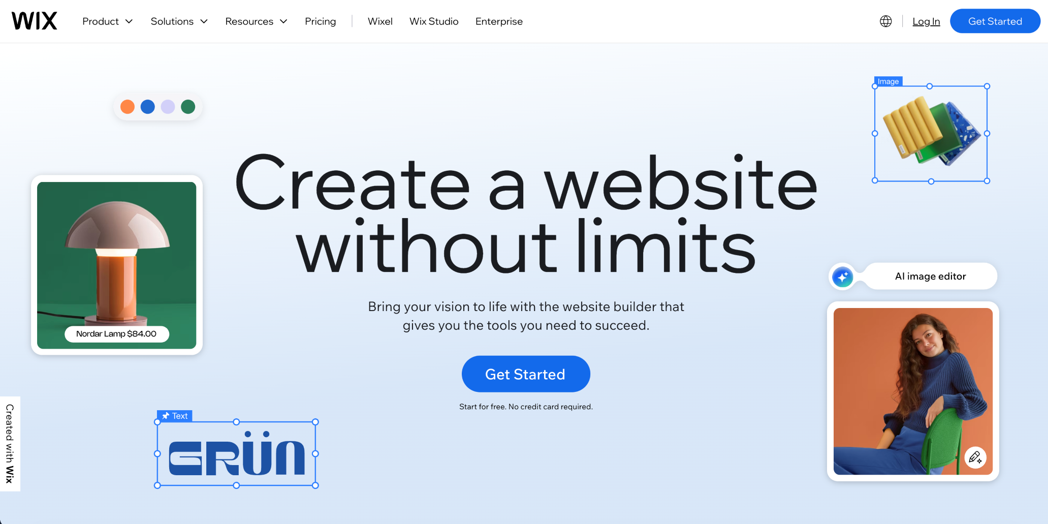 Wix vs WordPress, image of the Wix homepage with images of an orange lamp and woman in blue sweater sitting in a green chair with centered copy that reads “Create a website without limits/Bring your vision to life with the website builder that gives you the tools you need to succeed.”