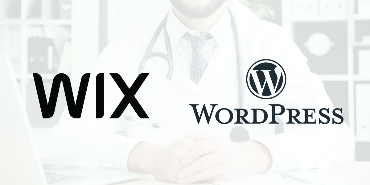 Wix vs Wordpress, image of the Wix and Wordpress logos with a transparent image of a doctor in the background.