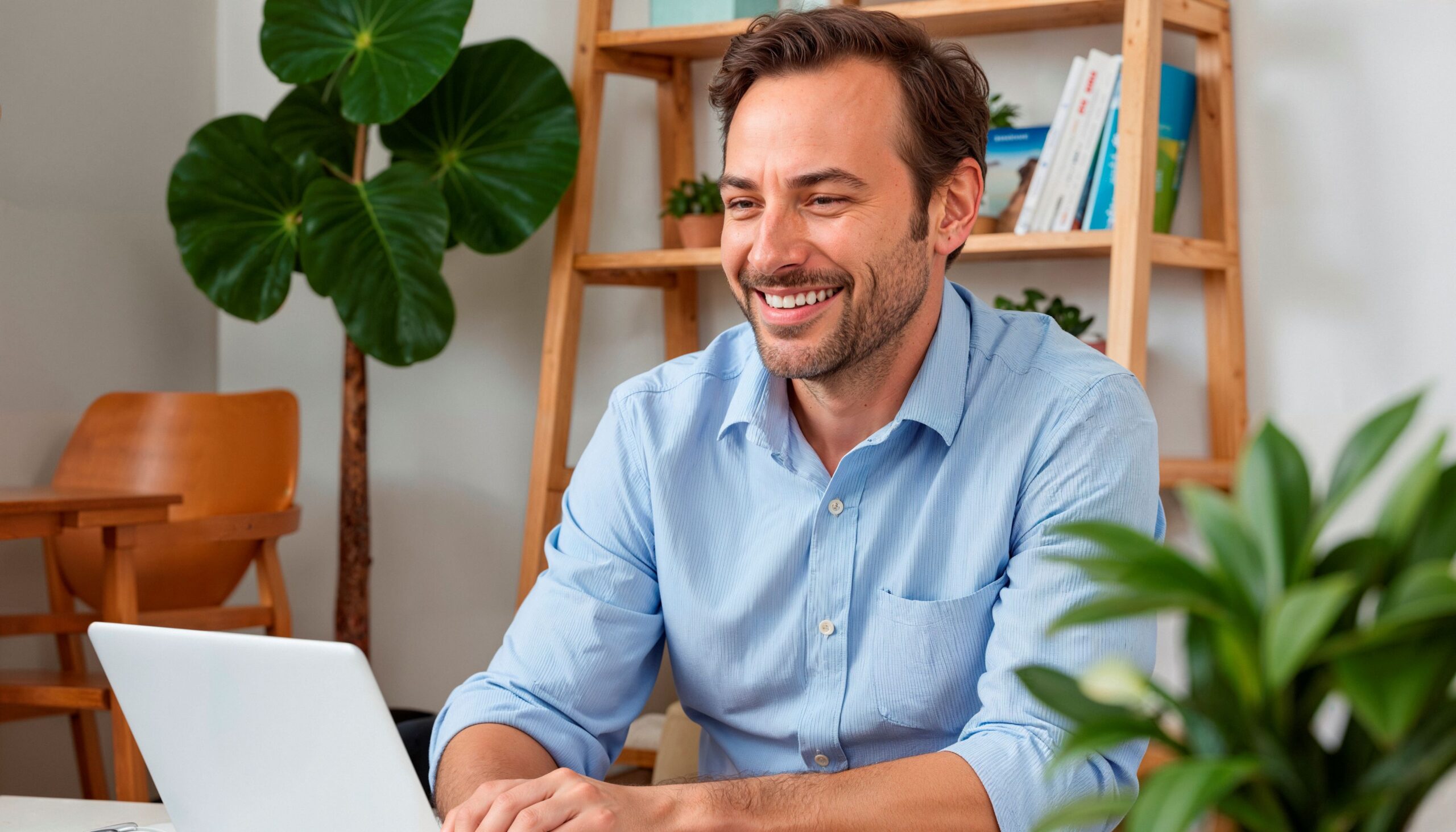AI Spambots, image of a smiling man wearing a blue button-down shirt sitting at a table with his laptop in front of him in a room with a wooden bookshelf and two green plants.