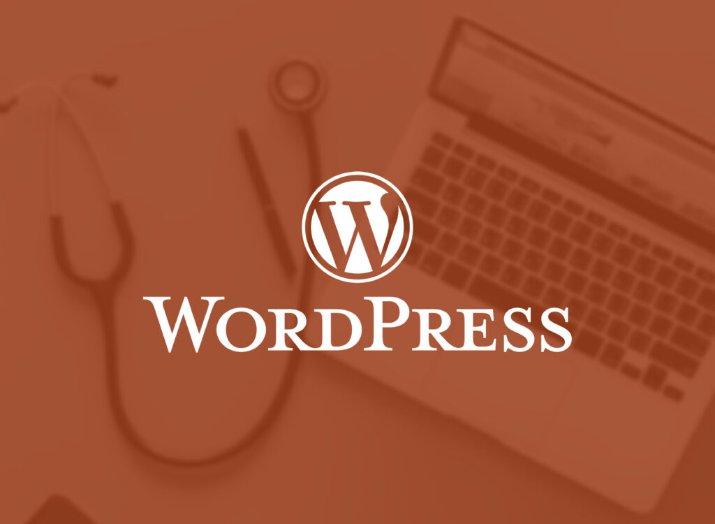 Defend Your Wordpress, image of a white “WordPress” logo over an orange filtered image of an open laptop and stethoscope.