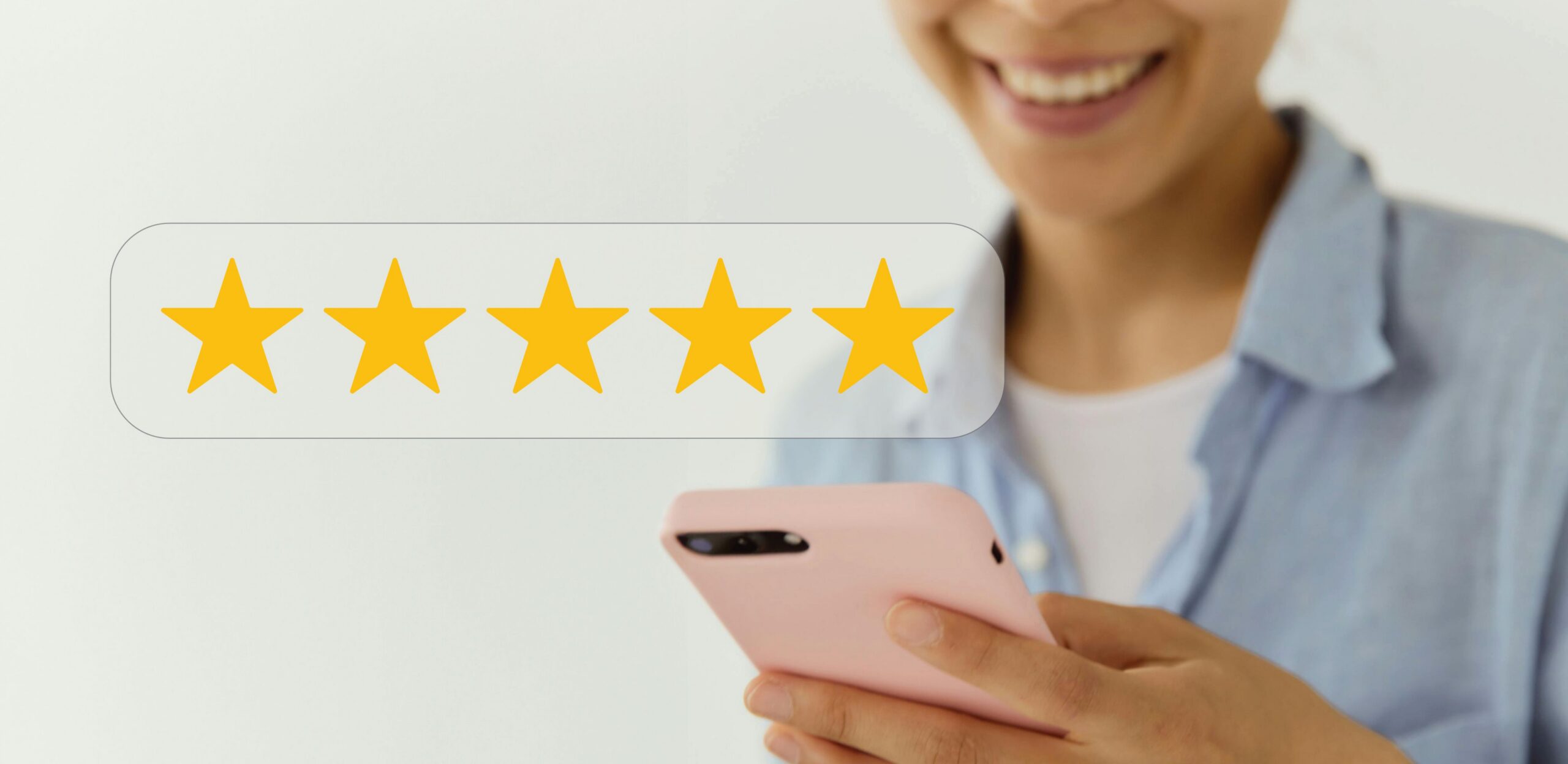 Online therapy reviews, how to ask for a review, how to ask for a google review, image of a woman holding her phone and five gold star review layered on top.